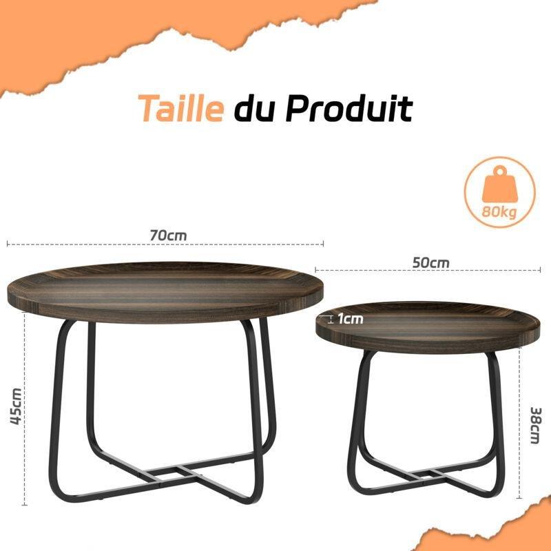 İkili Yuvarlak Orta Sehpa, Endüstriyel Tasarım, Koyu Kahverengi Ahşap Görünümlü, Metal Çerçeveli - 102943