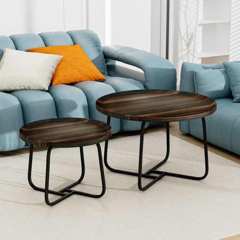 İkili Yuvarlak Orta Sehpa, Endüstriyel Tasarım, Koyu Kahverengi Ahşap Görünümlü, Metal Çerçeveli - 102943