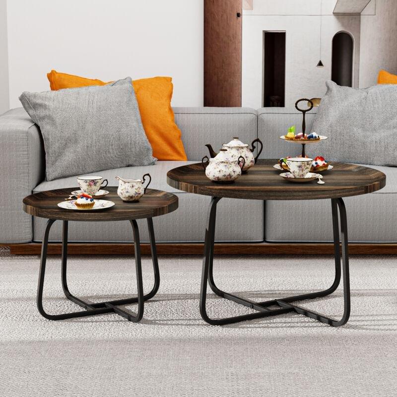 İkili Yuvarlak Orta Sehpa, Endüstriyel Tasarım, Koyu Kahverengi Ahşap Görünümlü, Metal Çerçeveli - 102943