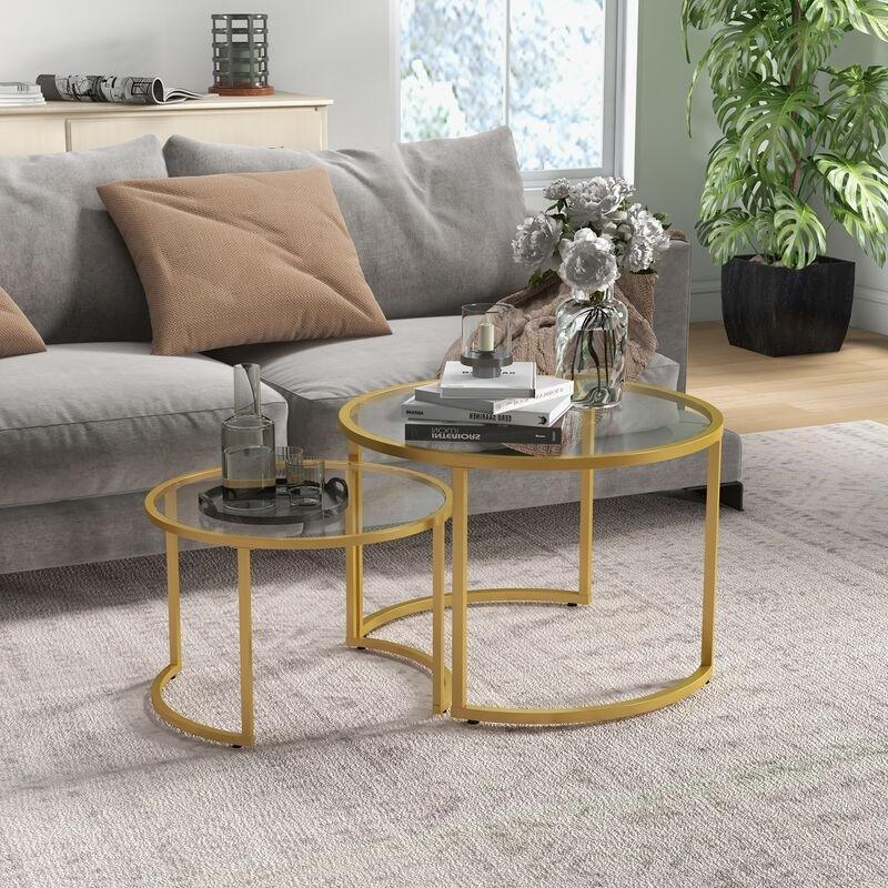 İkili Yuvarlak Orta Sehpa, Gold Metal Çerçeve Şeffaf Cam 70 cm - 103394