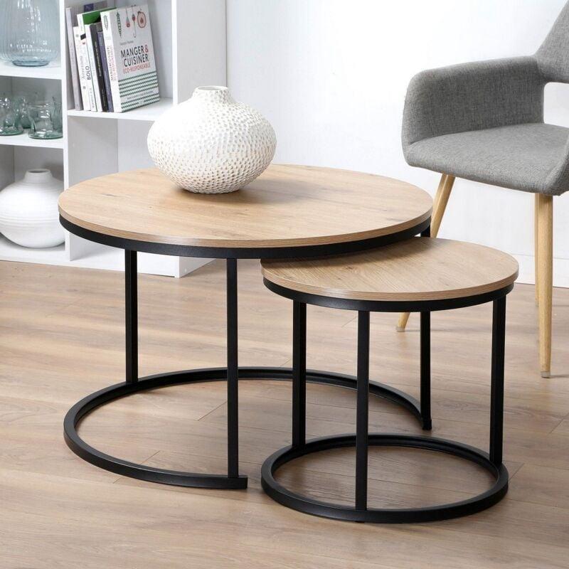 İkili Yuvarlak Orta Sehpa Metal Ayaklı Doğal Ahşap 70 cm - 102825