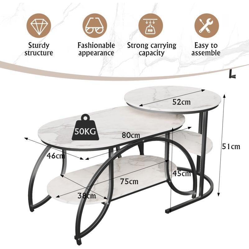 İkili Yuvarlak Orta Sehpa Siyah Metal Mermer Üstü 80x46x45 cm ve 52x52x51 cm - 103367