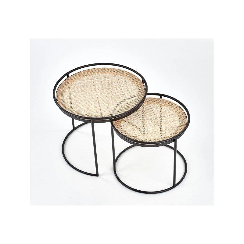 İkili Yuvarlak Rattan Zigon Sehpa 41x37 cm Siyah Metal Ayaklı - 106315