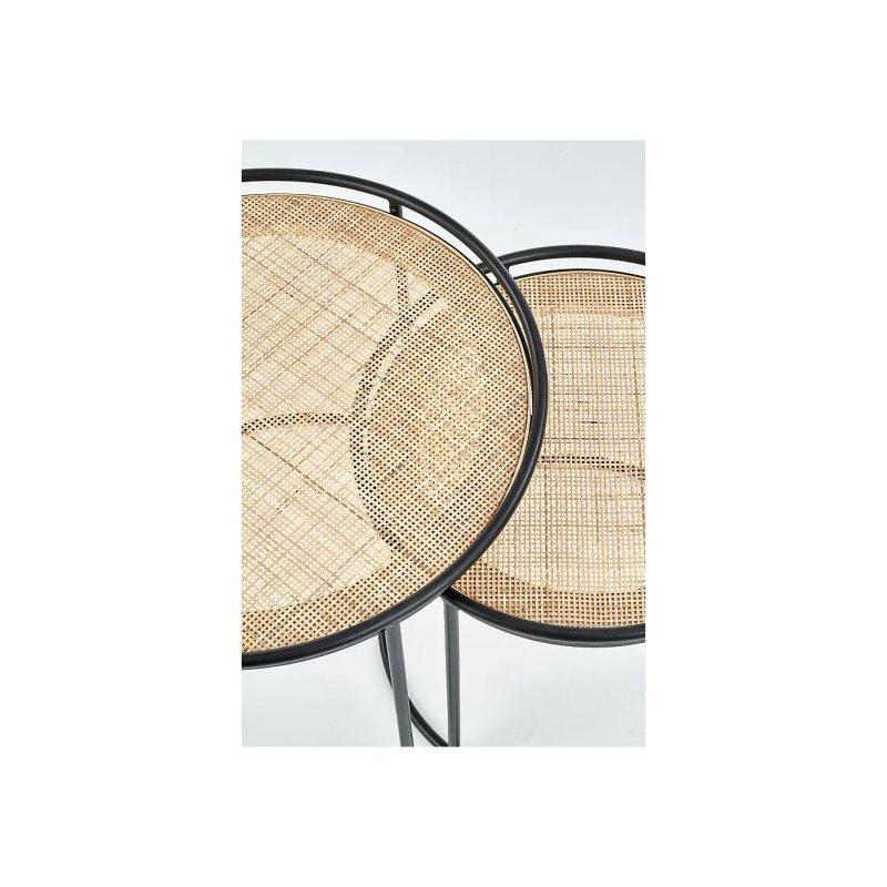 İkili Yuvarlak Rattan Zigon Sehpa 41x37 cm Siyah Metal Ayaklı - 106315
