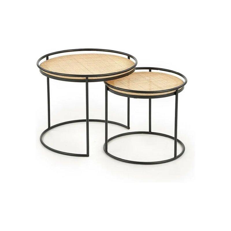 İkili Yuvarlak Rattan Zigon Sehpa 41x37 cm Siyah Metal Ayaklı - 106315