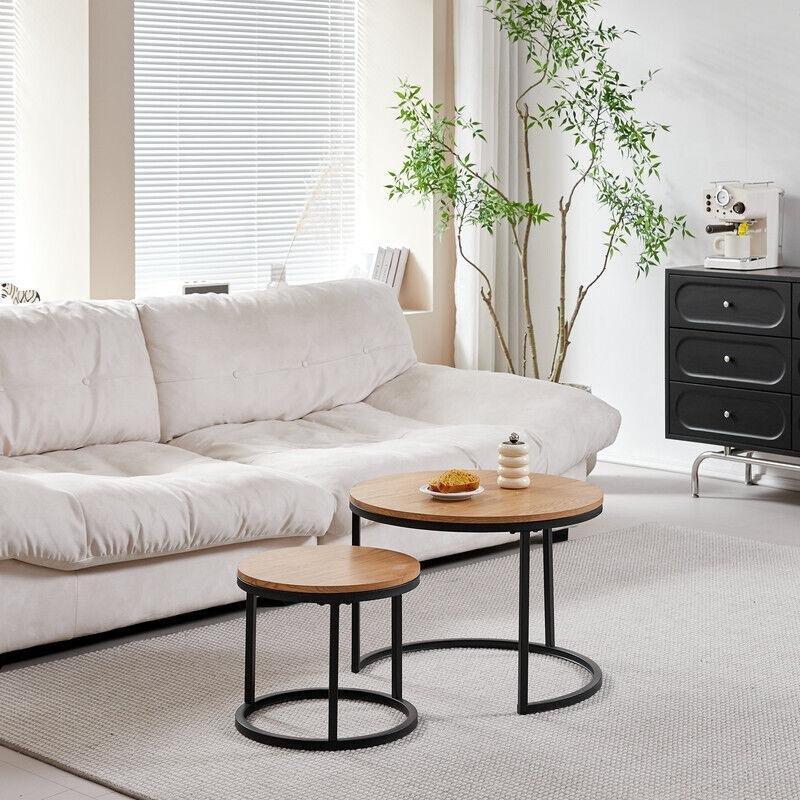 İkili Yuvarlak Zigon Sehpa 60 cm Açık Ahşap Desenli Siyah Metal - 107924