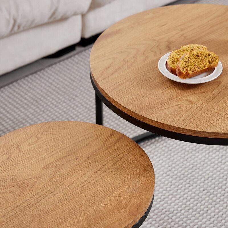 İkili Yuvarlak Zigon Sehpa 60 cm Açık Ahşap Desenli Siyah Metal - 107924