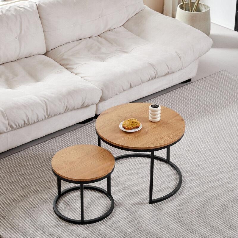 İkili Yuvarlak Zigon Sehpa 60 cm Açık Ahşap Desenli Siyah Metal - 107924