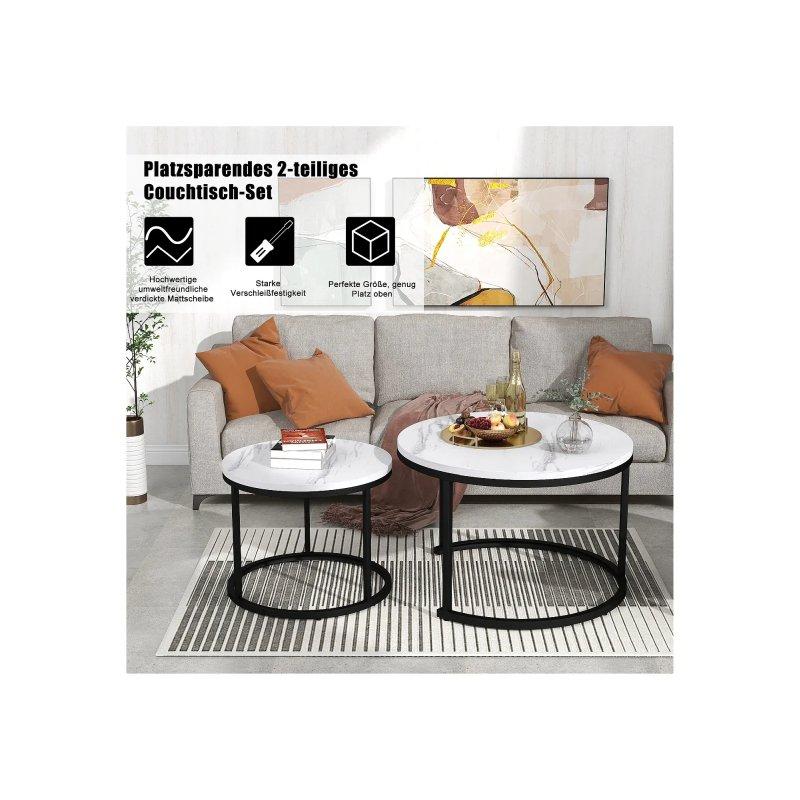 İkili Yuvarlak Zigon Sehpa Beyaz Mermer Desenli MDF 71x50 cm - 106702