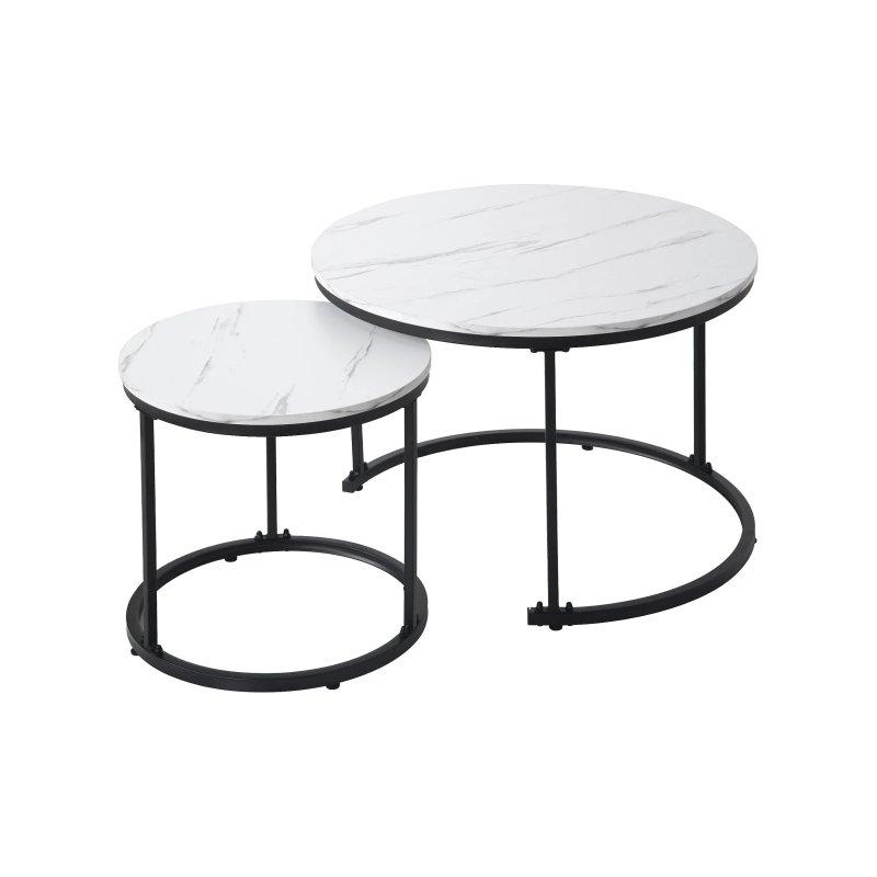 İkili Yuvarlak Zigon Sehpa Beyaz Mermer Desenli MDF 71x50 cm - 106702