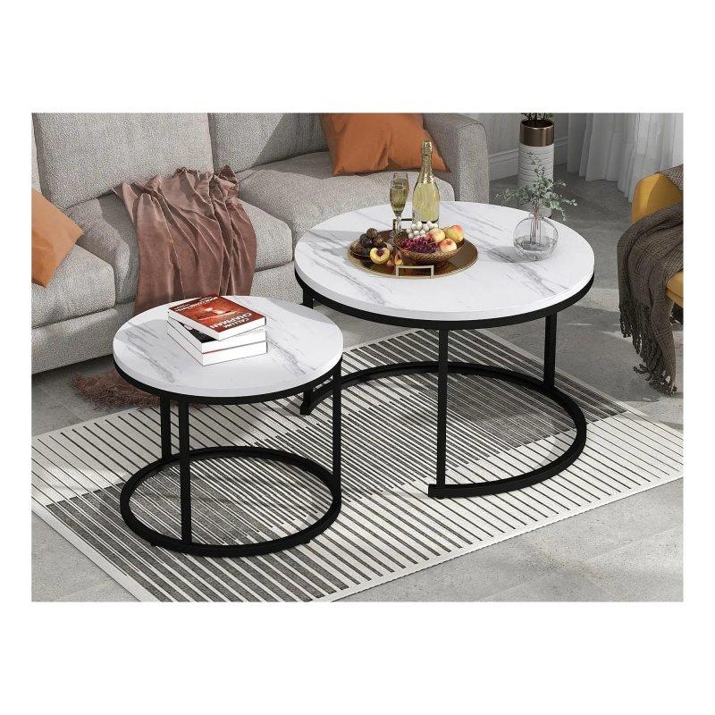 İkili Yuvarlak Zigon Sehpa Beyaz Mermer Desenli MDF 71x50 cm - 106702