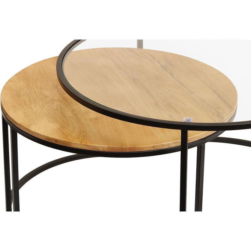 İkili Yuvarlak Zigon Sehpa Cam Ahşap Metal Siyah 80x45 cm - 107402