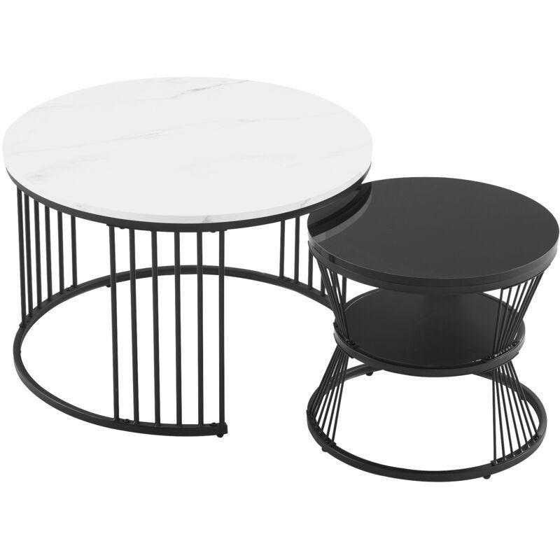 İkili Yuvarlak Zigon Sehpa Mermer Desenli MDF Beyaz Siyah 70x45 cm - 107308