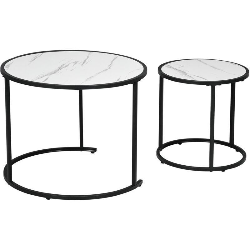 İkili Yuvarlak Zigon Sehpa Seti 60 cm Siyah Metal Beyaz Mermer Desenli - 107849