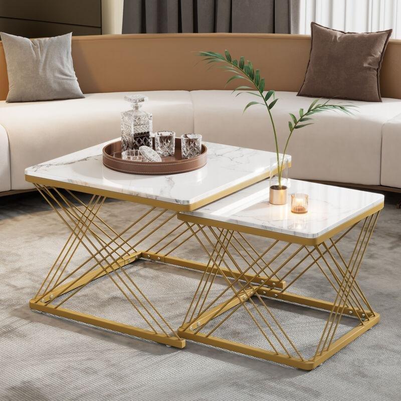İkili Zigon Sehpa Beyaz Mermer Desenli Gold Ayaklı 60x60x45 cm 45x45x40 cm - 107735