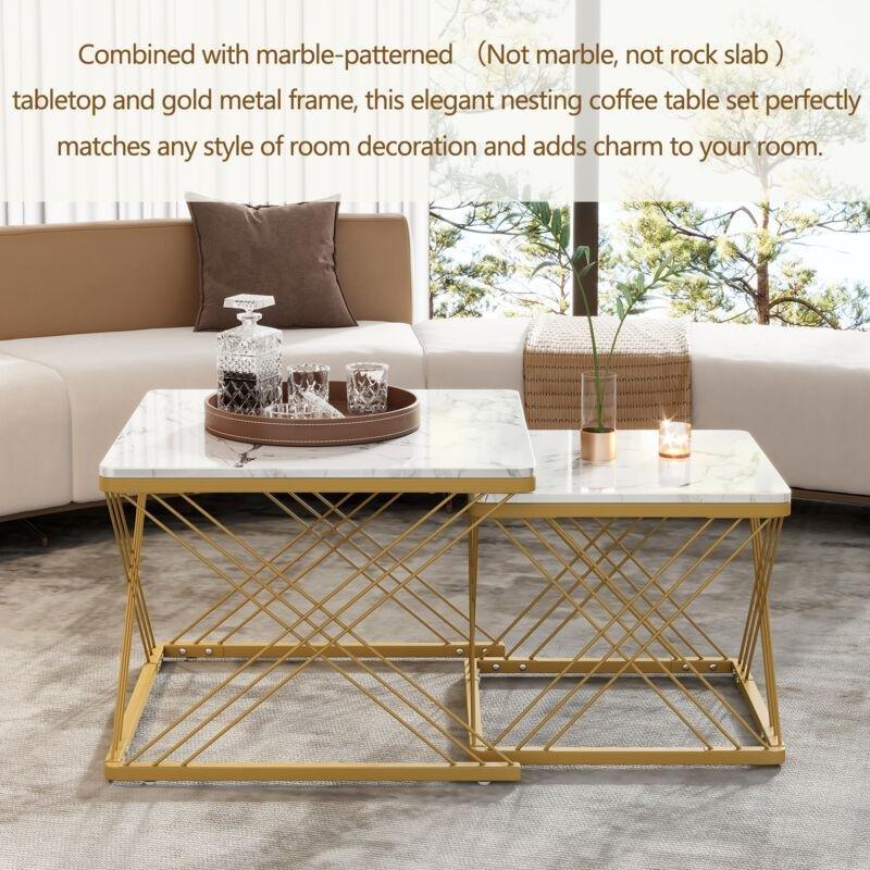 İkili Zigon Sehpa Beyaz Mermer Desenli Gold Ayaklı 60x60x45 cm 45x45x40 cm - 107735