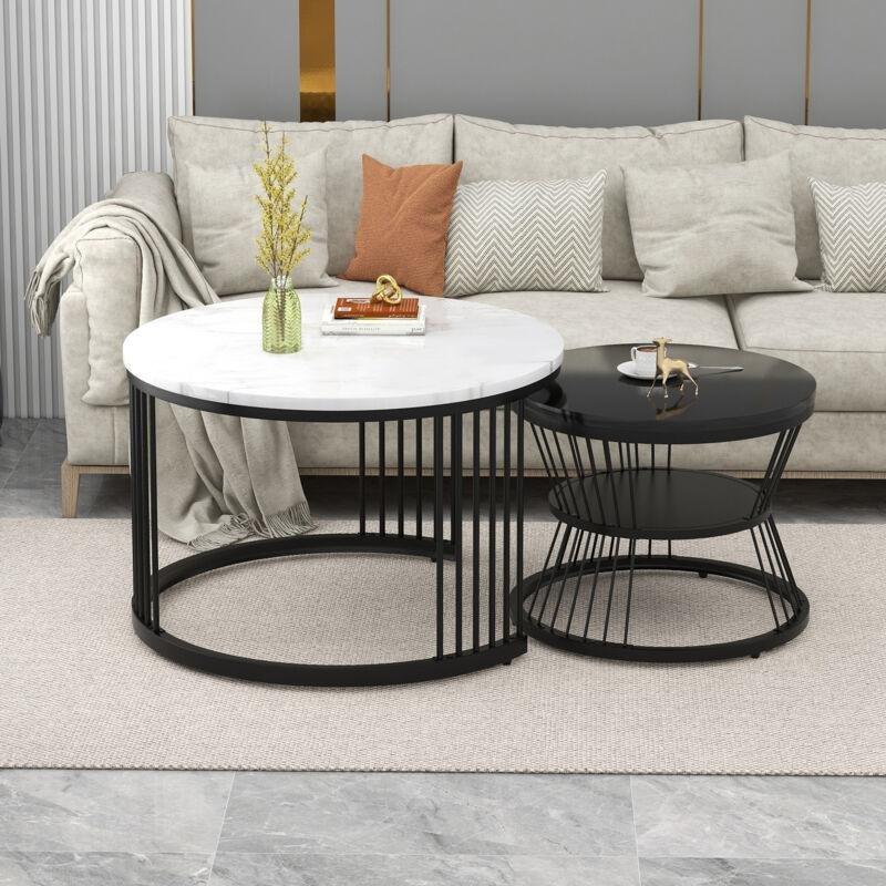 İkili Zigon Sehpa Beyaz Mermer Desenli Siyah Metal 70x70x46 cm - 107780