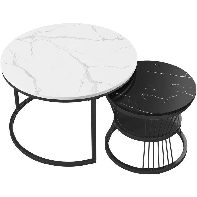 İkili Zigon Sehpa Beyaz Siyah Mermer Desenli Gold Ayaklı 70x70x45 cm - 107938