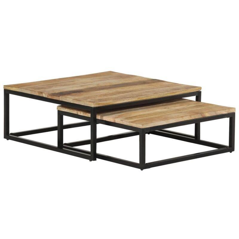 İkili Zigon Sehpa, Mango Ahşap ve Siyah Metal Ayaklı, 70x68x27 cm ve 60x60x21 cm - 107858