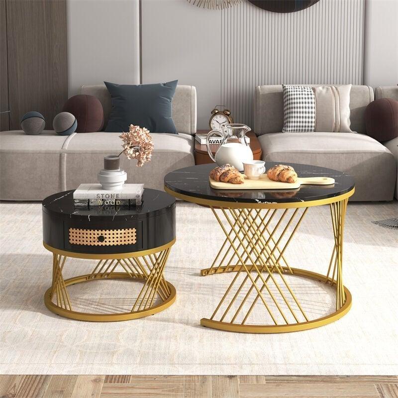 İkili Zigon Sehpa Siyah Mermer Desenli Gold Metal Ayaklı Yuvarlak 70x70x46 cm - 107583