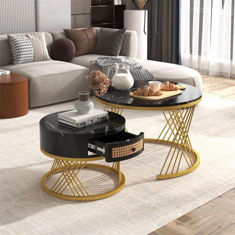 İkili Zigon Sehpa Siyah Mermer Desenli Gold Metal Ayaklı Yuvarlak 70x70x46 cm - 107583