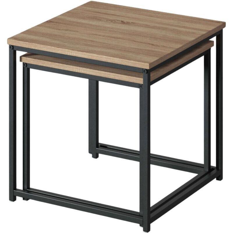 İkili Zigon Sehpa Takımı Bej Meşe Desenli Siyah Metal Ayaklı 45x45x45 cm - 107749