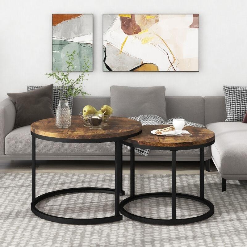 İkili Zigon Sehpa Takımı Koyu Kahverengi Ahşap Desenli Metal Ayaklı 71x71x50 cm - 107503