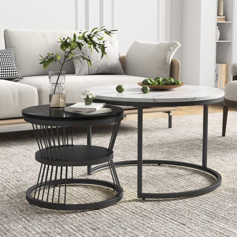 İkili Zigon Sehpa Takımı Mermer Desenli Metal Ayaklı Yuvarlak Siyah Beyaz 70x70x46 cm 45x45x40 cm - 107909