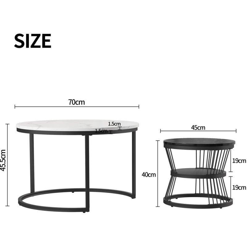 İkili Zigon Sehpa Takımı Mermer Desenli Metal Ayaklı Yuvarlak Siyah Beyaz 70x70x46 cm 45x45x40 cm - 107909