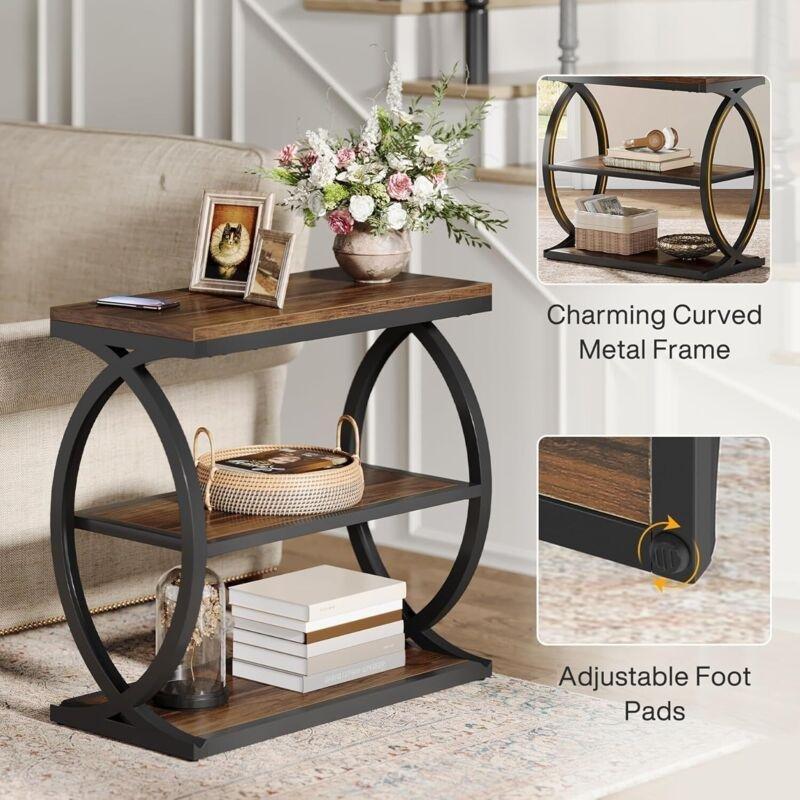 Kahverengi Ahşap Metal 3 Raflı Ahşap Yan Sehpa-60x30x60 cm - 110606