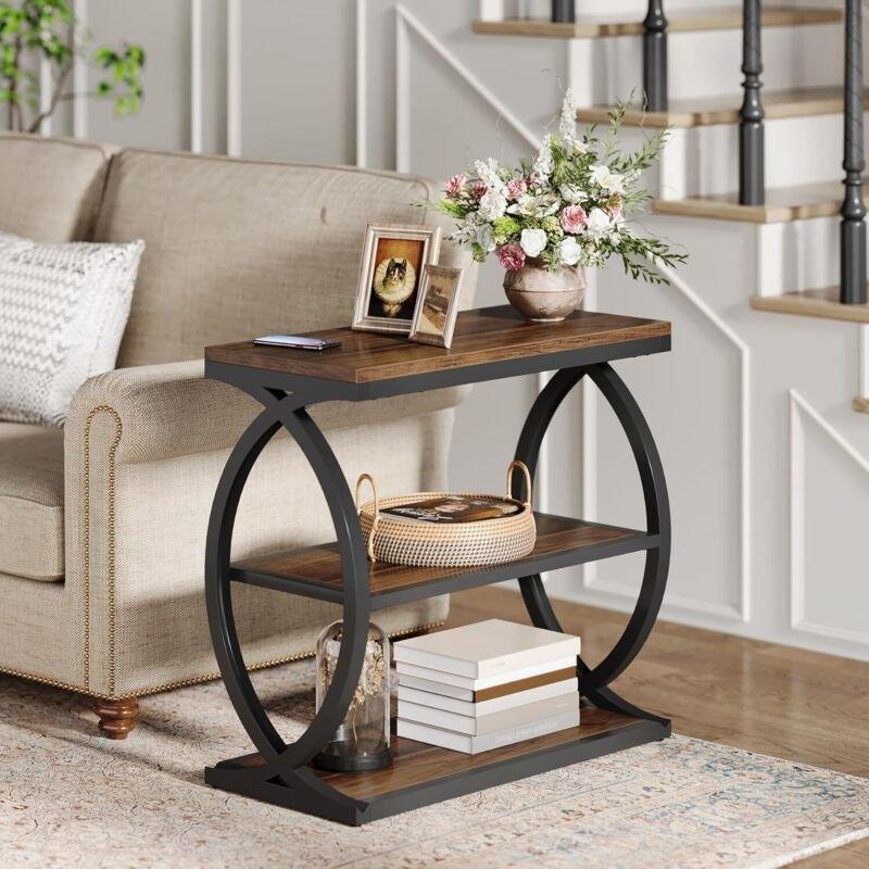 Kahverengi Ahşap Metal 3 Raflı Ahşap Yan Sehpa-60x30x60 cm - 110606