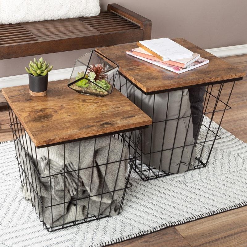 Kahverengi Ahşap Tablalı Siyah Metal Sepetli 2'li Tepsi Zigon Sehpa 40x40x43 cm - 108637