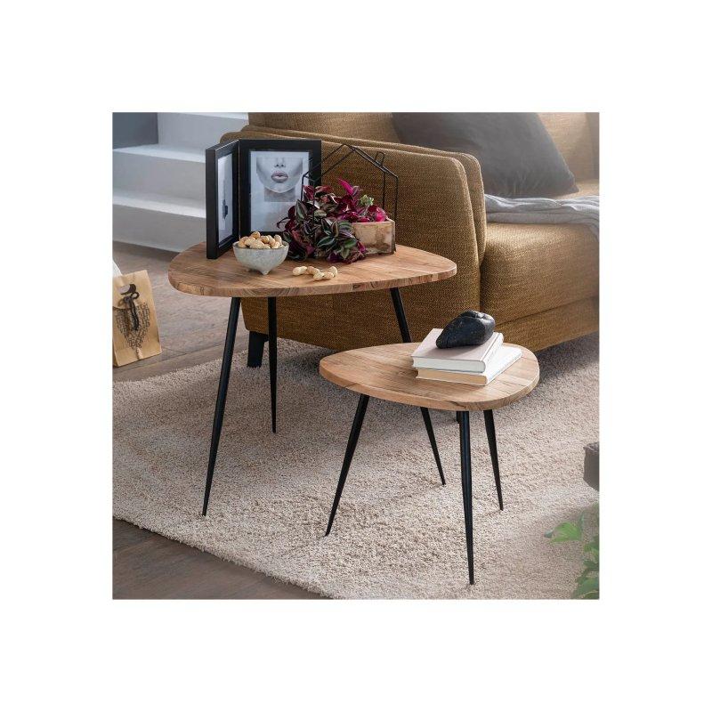 Kahverengi Ahşap Zigon Sehpa 60x51x60 cm Metal Ayaklı İkili Set - 106498