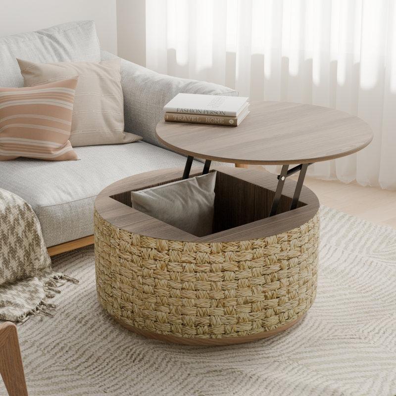 Kahverengi Bej Hasır Rattan Orta Sehpa 83x83x45 cm - 105379