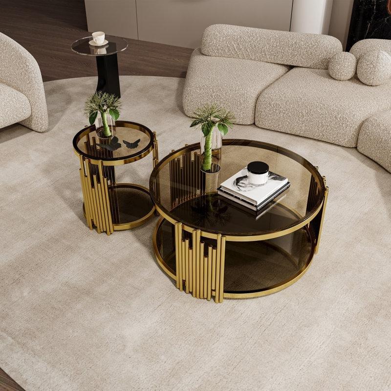 Kahverengi Cam Üstlü Gold Metal Çerçeveli Lüks Zigon Sehpa 90x90 cm - 108370