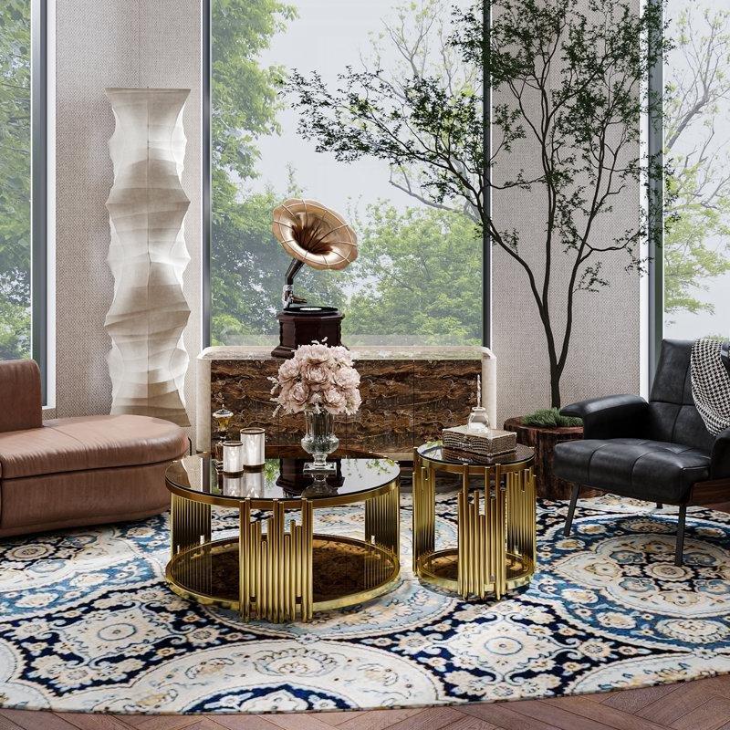 Kahverengi Cam Üstlü Gold Metal Çerçeveli Lüks Zigon Sehpa 90x90 cm - 108370