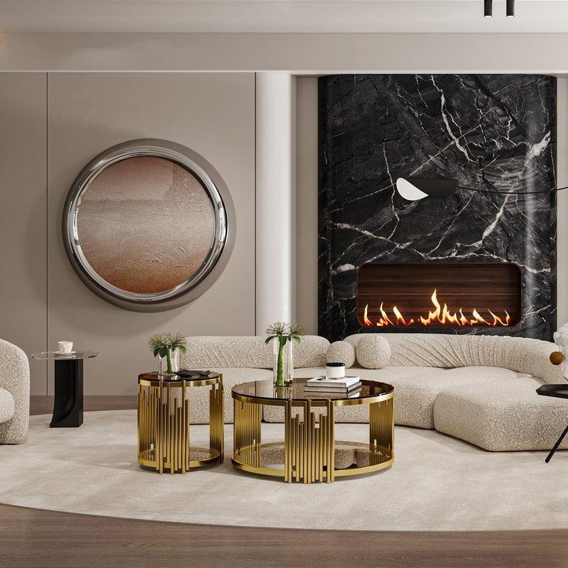 Kahverengi Cam Üstlü Gold Metal Çerçeveli Lüks Zigon Sehpa 90x90 cm - 108370