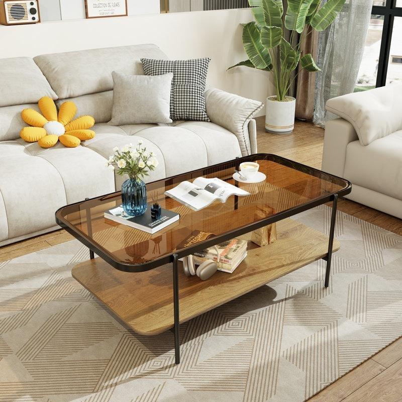Kahverengi Camlı Siyah Metal Ayaklı Renkli Orta Sehpa 120x64x45 cm - 105484