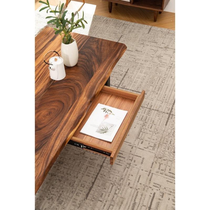 Kahverengi Ceviz Kütük Orta Sehpa 86x51 cm Çekmeceli Siyah U Ayaklı - 105322