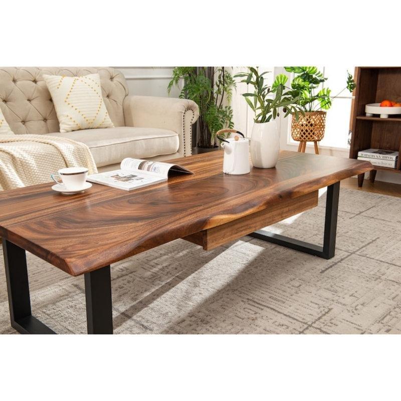 Kahverengi Ceviz Kütük Orta Sehpa 86x51 cm Çekmeceli Siyah U Ayaklı - 105322