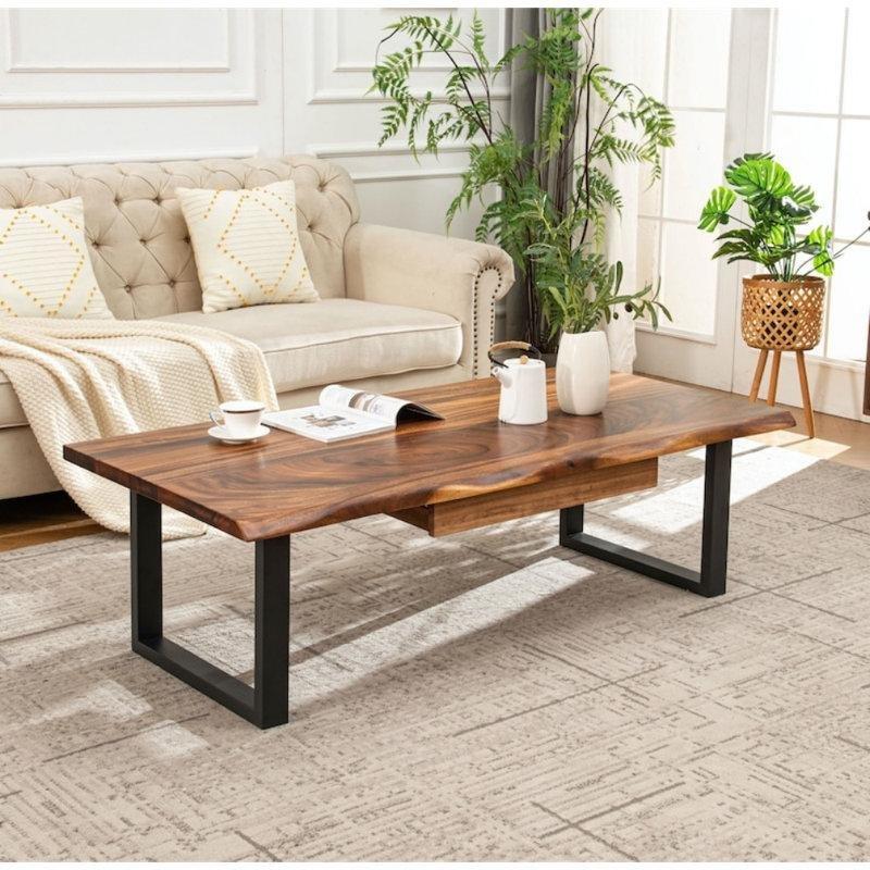 Kahverengi Ceviz Kütük Orta Sehpa 86x51 cm Çekmeceli Siyah U Ayaklı - 105322