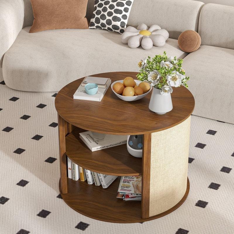 Kahverengi Çuval Bezi Kaplamalı 2 Raflı Yuvarlak Bohem Orta Sehpa 70x70x50 cm - 105262