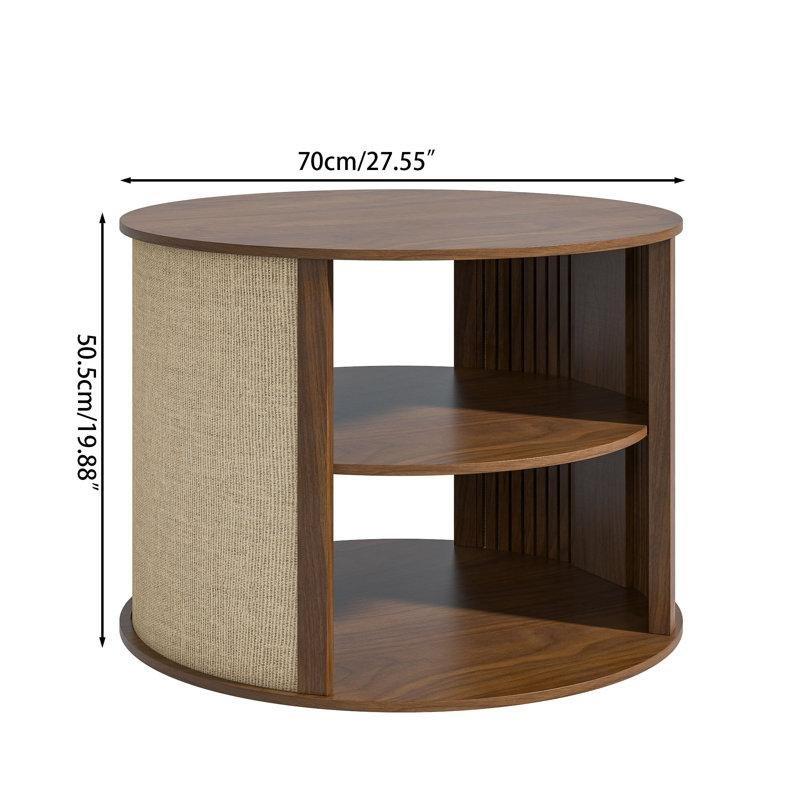 Kahverengi Çuval Bezi Kaplamalı 2 Raflı Yuvarlak Bohem Orta Sehpa 70x70x50 cm - 105262