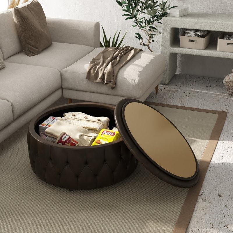 Kahverengi Deri Puflu Orta Sehpa 97x97 cm Gizli Depolama Alanı ve 4 Adet Tabure ile - 104821