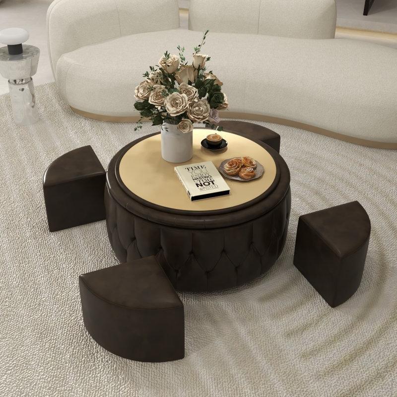 Kahverengi Deri Puflu Orta Sehpa 97x97 cm Gizli Depolama Alanı ve 4 Adet Tabure ile - 104821