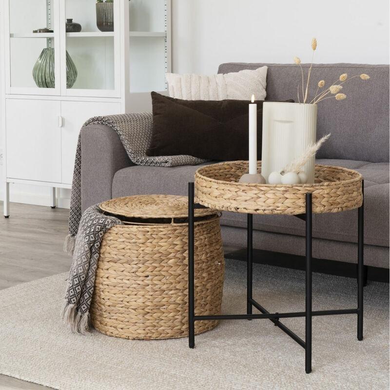 Kahverengi Doğal Lif Örgü Sandıklı Traverten Yan Sehpa-43x43x34 cm - 112035