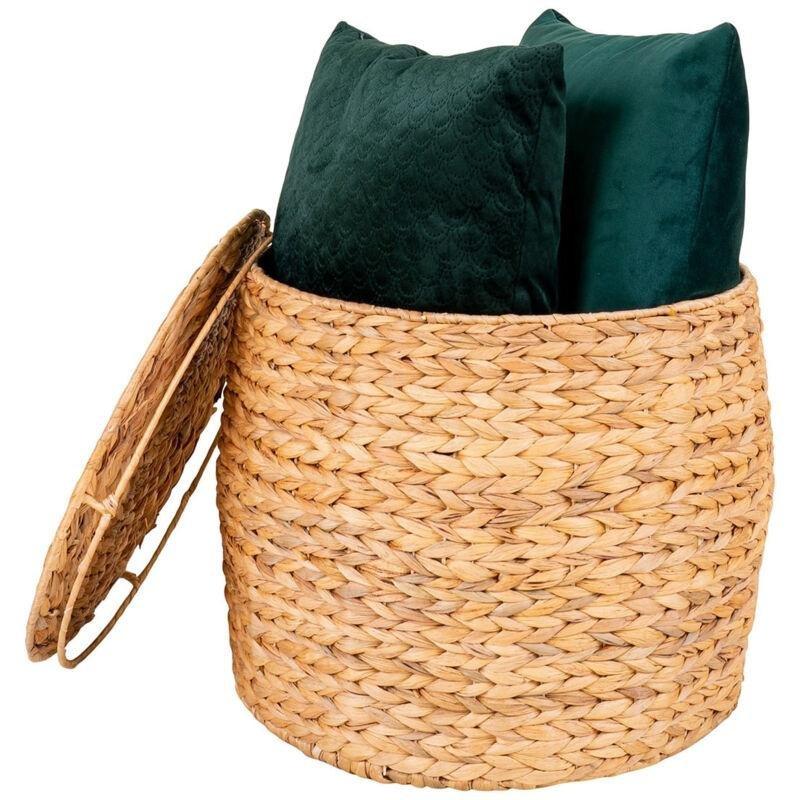 Kahverengi Doğal Lif Örgü Sandıklı Traverten Yan Sehpa-43x43x34 cm - 112035