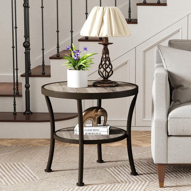 Kahverengi Gri Mühendislik Ahşap Ayarlanabilir Raflı Ferforje Yan Sehpa-60x60 cm - 112866