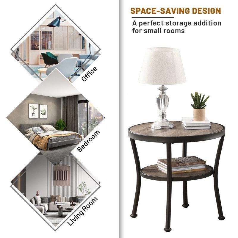 Kahverengi Gri Mühendislik Ahşap Ayarlanabilir Raflı Ferforje Yan Sehpa-60x60 cm - 112866