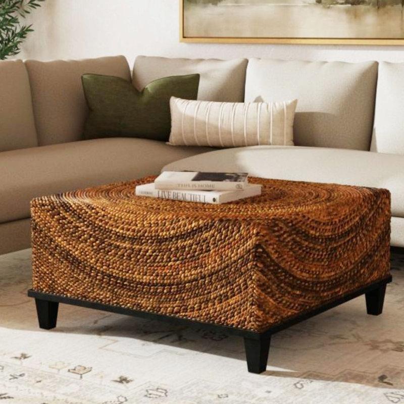 Kahverengi Hasır Bohem Orta Sehpa 90x90 cm Siyah Ayaklı - 105286